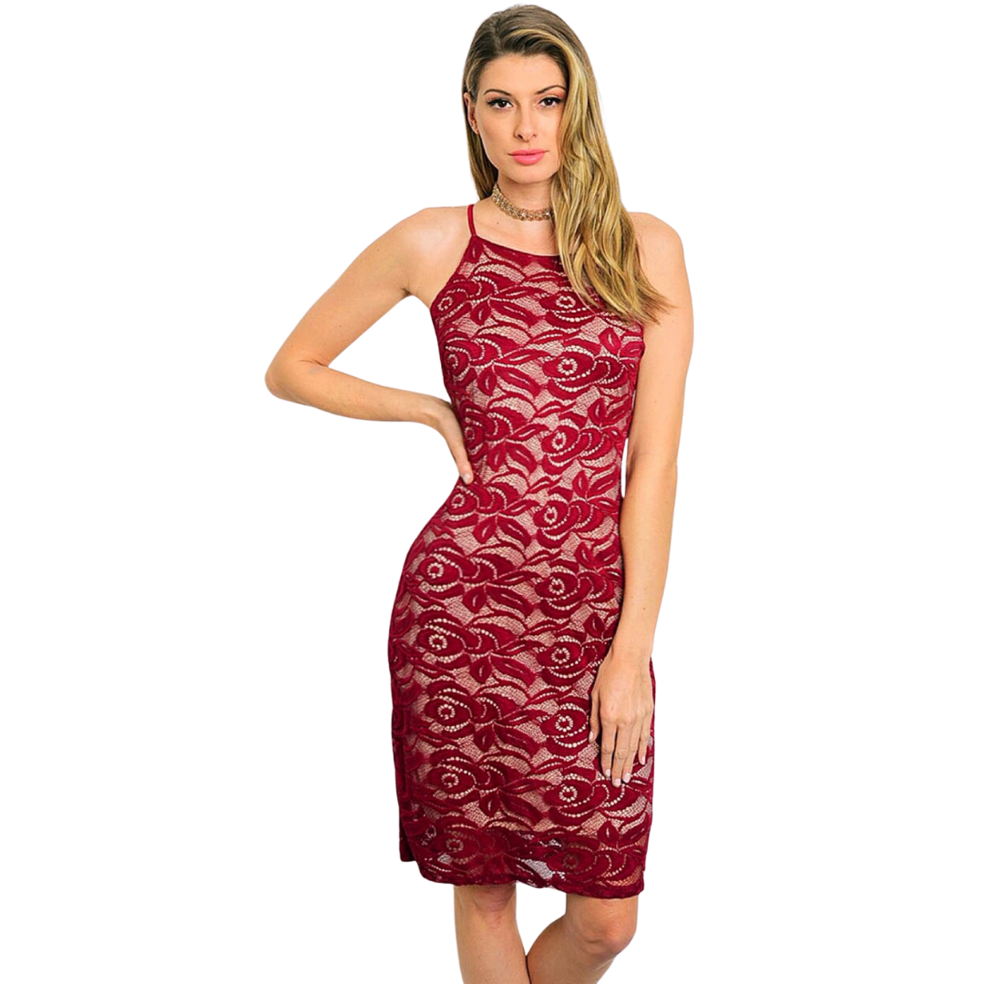 Burgundy Lace Dress - BINS FLIRTY FASHION